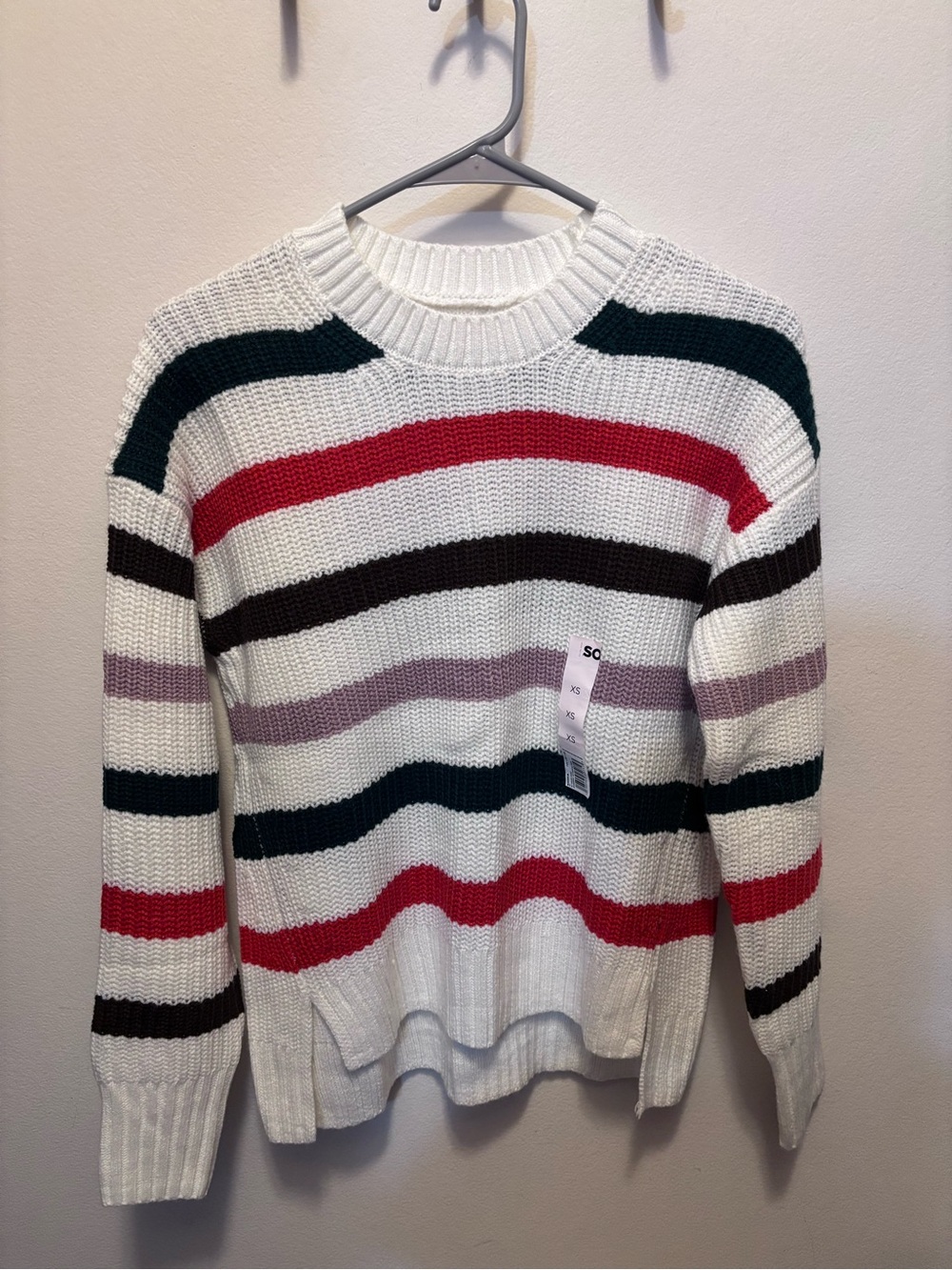 SO White Crewneck Sweater with Red, Brown, Green & Mauve Stripes
